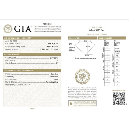 478 - A 0.90ct Heart Shape cut DIAMOND stone, colour D, SI1, come with GIA certificate.
Measurement: 5.58 ... 