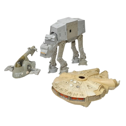 675 - Three Vintage Star Wars Toys/Figures: AT-AT Walker. Millennium falcon and a Boba Fett slave ship. Al... 