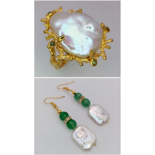 105 - An interesting set of green jade and baroque natural pearls, adorned with cubic zirconia, consisting... 