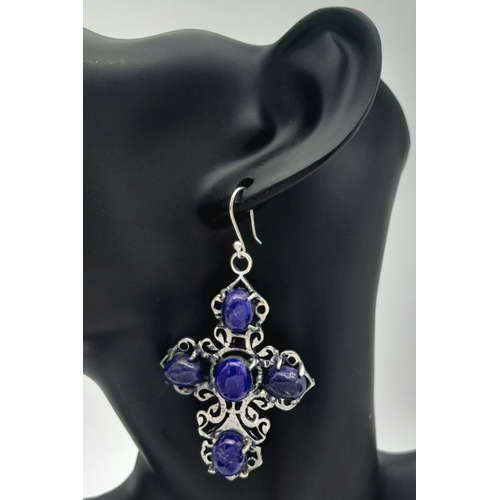 140 - A sterling silver and genuine lapis lazuli necklace and earrings set with large cross shaped pendant... 