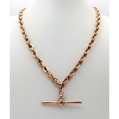 15 - A 9K Yellow Gold Albert Chain Necklace with T-Bar Hanging Pendant. 44cm necklace length. 31.9g