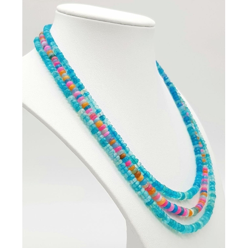 154 - A three-row necklace consisting of faceted opal beads predominantly with blue hues. Length: 43-48 cm... 