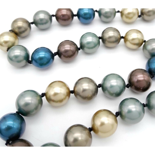 439 - A Dark Blue, Golds and Brown Coloured South Sea Pearl Shell Beaded Necklace. 12mm beads. 44cm neckla... 