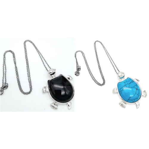 484 - A Blue Turquoise and Black Onyx Turtle Pendant - Both with 925 silver necklaces. 3.5cm and 42cm.