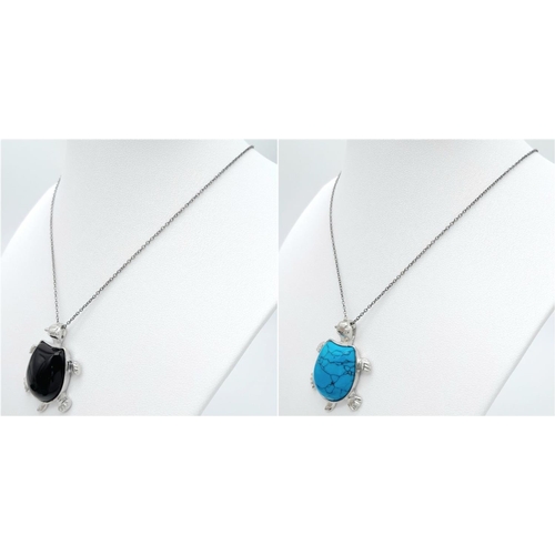 484 - A Blue Turquoise and Black Onyx Turtle Pendant - Both with 925 silver necklaces. 3.5cm and 42cm.