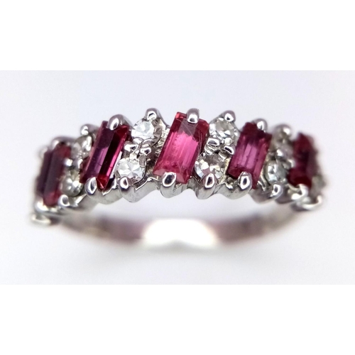 102 - AN 18K WHITE GOLD ( TESTED ) DIAMOND & RUBY BAND RING - 3.9G. SIZE Q. REF: 8555