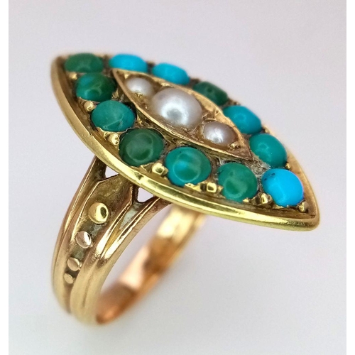 172 - A 14K YELLOW GOLD VINTAGE PEARL & TURQUOISE SET RING - 4.4G. SIZE J. REF: SC4035