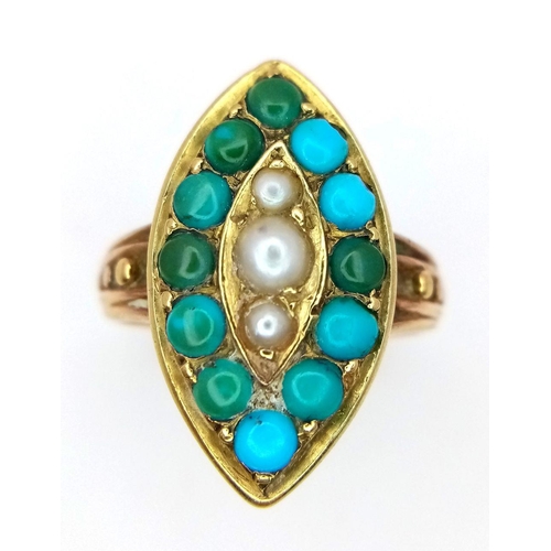 172 - A 14K YELLOW GOLD VINTAGE PEARL & TURQUOISE SET RING - 4.4G. SIZE J. REF: SC4035