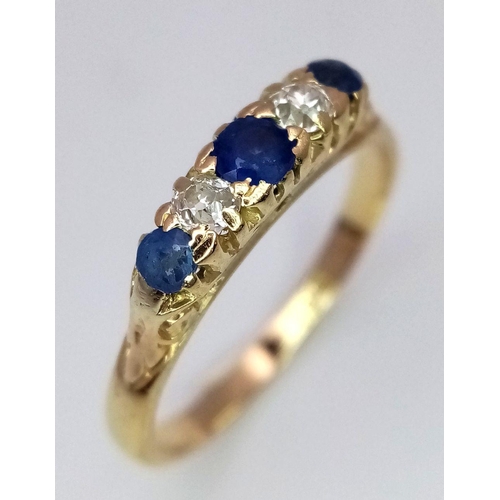 297 - AN 18K YELLOW GOLD VINTAGE OLD CUT DIAMOND & SAPPHIRE RING - 2.7G. SIZE N. REF: BLUND4014