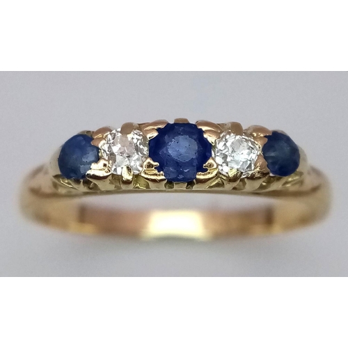 297 - AN 18K YELLOW GOLD VINTAGE OLD CUT DIAMOND & SAPPHIRE RING - 2.7G. SIZE N. REF: BLUND4014