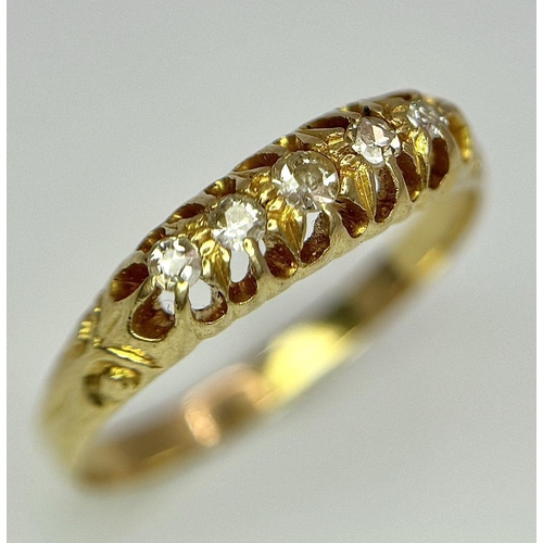 306 - AN 18K YELLOW GOLD ( TESTED ) VINTAGE OLD CUT DIAMOND 5 STONE RING - 0.20CTW.  2.2G. SIZE P. REF: SC... 