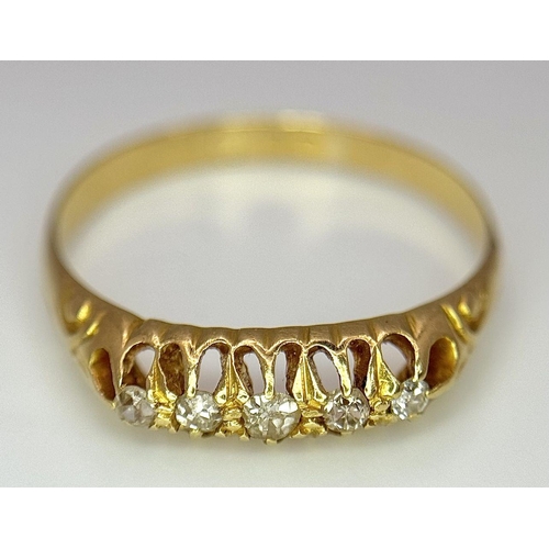 306 - AN 18K YELLOW GOLD ( TESTED ) VINTAGE OLD CUT DIAMOND 5 STONE RING - 0.20CTW.  2.2G. SIZE P. REF: SC... 