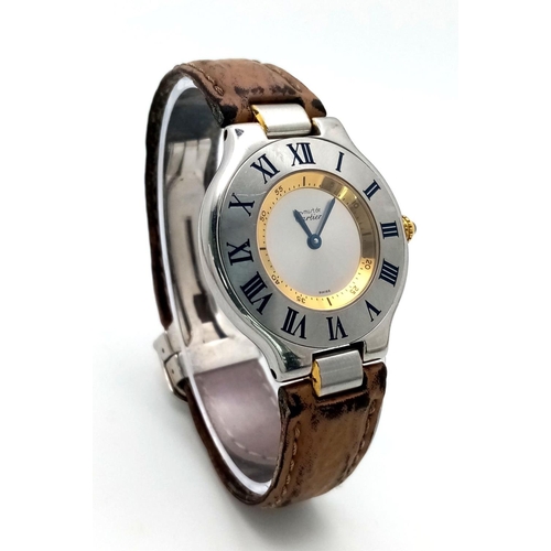 316 - A Vintage Must de Cartier 21 Quartz Unisex Watch. Leather strap with Cartier clasp. Cartier case -31... 