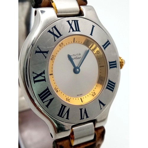 316 - A Vintage Must de Cartier 21 Quartz Unisex Watch. Leather strap with Cartier clasp. Cartier case -31... 