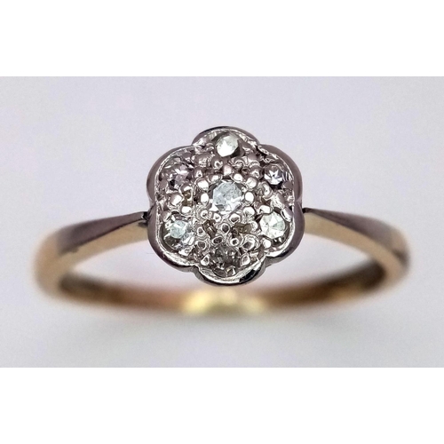 325 - AN 18K YELLOW GOLD & PLATINUM VINTAGE DIAMOND CLUSTER RING - 3.1G. SIZE R. REF: BLUND4015