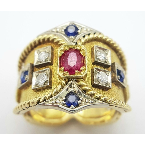 33 - A BEAUTIFULLY CRAFTED, MAJESTIC 18K YELLOW GOLD, DIAMOND, RUBY & SAPPHIRE RING - 10.7G. SIZE O. REF:... 