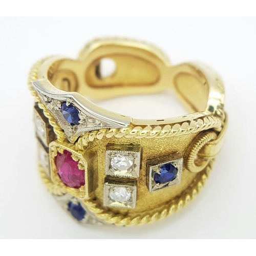 33 - A BEAUTIFULLY CRAFTED, MAJESTIC 18K YELLOW GOLD, DIAMOND, RUBY & SAPPHIRE RING - 10.7G. SIZE O. REF:... 