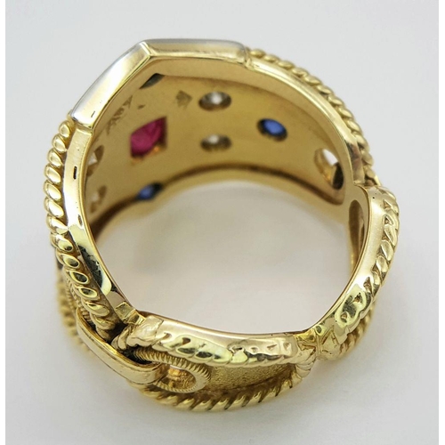 33 - A BEAUTIFULLY CRAFTED, MAJESTIC 18K YELLOW GOLD, DIAMOND, RUBY & SAPPHIRE RING - 10.7G. SIZE O. REF:... 