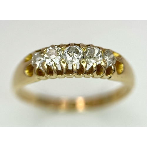 337 - AN ANTIQUE 18K YELLOW GOLD OLD CUT DIAMOND 5 STONE RING - 0.40CTW. 3.6G. SIZE R HALLMARKED 1878 BIRM... 