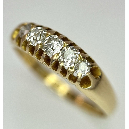 337 - AN ANTIQUE 18K YELLOW GOLD OLD CUT DIAMOND 5 STONE RING - 0.40CTW. 3.6G. SIZE R HALLMARKED 1878 BIRM... 