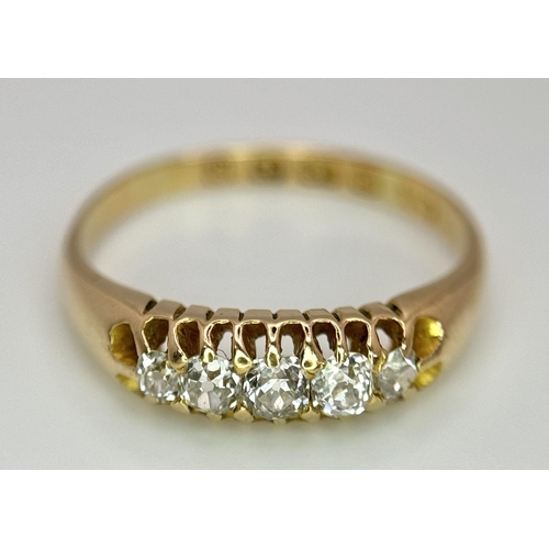 337 - AN ANTIQUE 18K YELLOW GOLD OLD CUT DIAMOND 5 STONE RING - 0.40CTW. 3.6G. SIZE R HALLMARKED 1878 BIRM... 