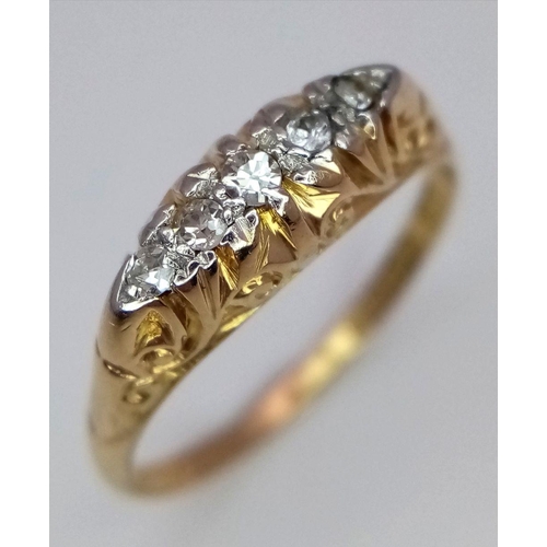 47 - AN 18K YELLOW GOLD ANTIQUE DIAMOND 5 STONE RING - 2.5G. SIZE P. HALLMARKED 1924 - EXACTLY 100 YEARS ... 