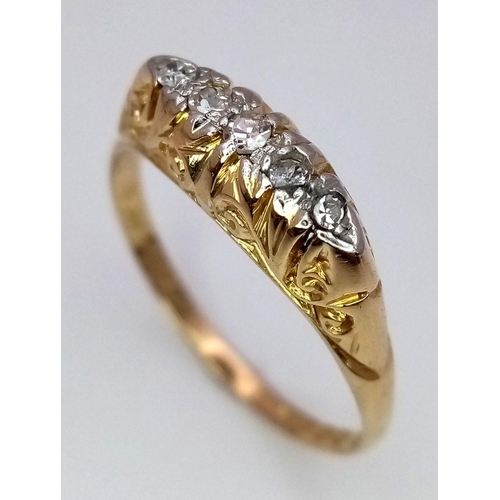 47 - AN 18K YELLOW GOLD ANTIQUE DIAMOND 5 STONE RING - 2.5G. SIZE P. HALLMARKED 1924 - EXACTLY 100 YEARS ... 