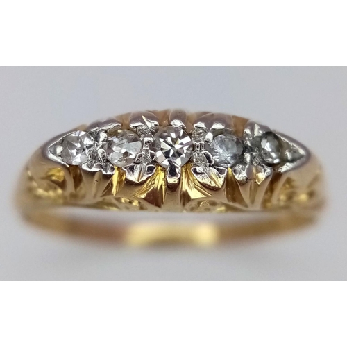 47 - AN 18K YELLOW GOLD ANTIQUE DIAMOND 5 STONE RING - 2.5G. SIZE P. HALLMARKED 1924 - EXACTLY 100 YEARS ... 