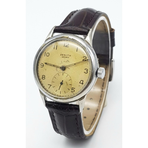 52 - A Vintage 1940/50s Zenith Sports Gents Watch. Brown leather strap. Stainless steel case - 33mm. Pati... 