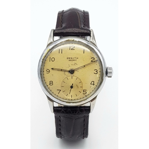 52 - A Vintage 1940/50s Zenith Sports Gents Watch. Brown leather strap. Stainless steel case - 33mm. Pati... 