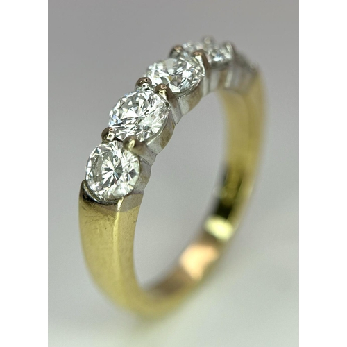 65 - A STUNNING 18K YELLOW GOLD 5 STONE DIAMOND RING - 1.25CT. 4.5G. SIZE N. QUALITY STONES - PERS4007