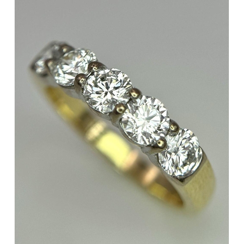 65 - A STUNNING 18K YELLOW GOLD 5 STONE DIAMOND RING - 1.25CT. 4.5G. SIZE N. QUALITY STONES - PERS4007