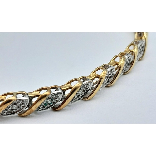 82 - A 9K YELLOW GOLD DIAMOND SET TENNIS BRACELET WITH SAFETY CATCH - 6.9G. 18CM. REF: SC4041