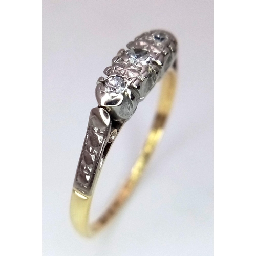 299 - AN 18K YELLOW GOLD & PLATINUM VINTAGE 3 STONE 8 CUT DIAMOND RING - 2.2G. SIZE N. REF: SC4043