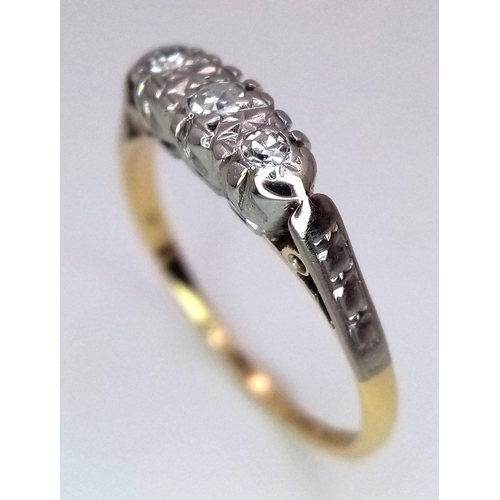 299 - AN 18K YELLOW GOLD & PLATINUM VINTAGE 3 STONE 8 CUT DIAMOND RING - 2.2G. SIZE N. REF: SC4043