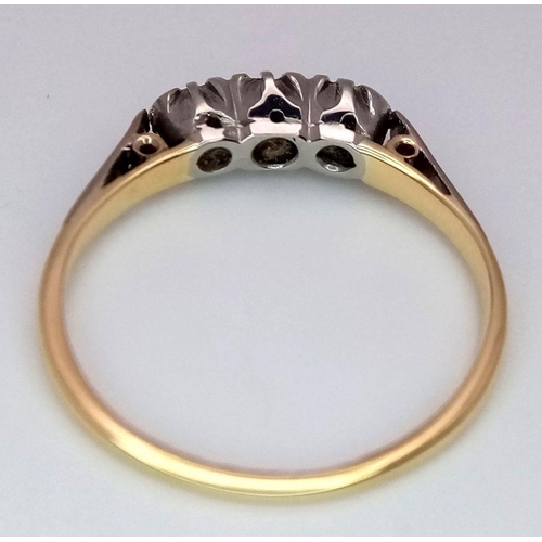 299 - AN 18K YELLOW GOLD & PLATINUM VINTAGE 3 STONE 8 CUT DIAMOND RING - 2.2G. SIZE N. REF: SC4043