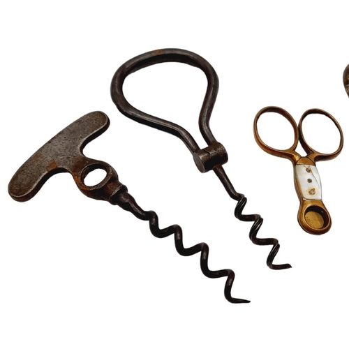 423 - A Parcel of Four Antique Corkscrews and a Rare Brass Mother of Pearl Wick Trimmer. Two Folding Desig... 