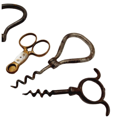 423 - A Parcel of Four Antique Corkscrews and a Rare Brass Mother of Pearl Wick Trimmer. Two Folding Desig... 