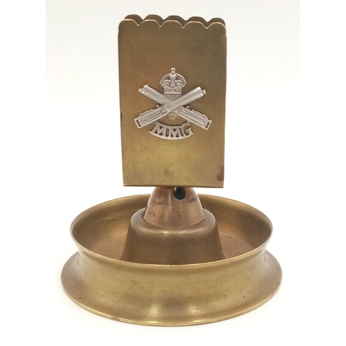 545 - WW1 German Shell Case Trench Art Table Match Box Holder with silver Motorised Machine Gun Corps Badg... 