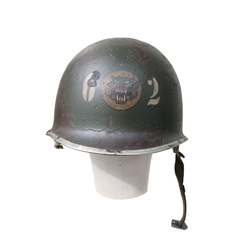 55 - WW2 US 602nd Tank Destroyer Battalion M1 Helmet. Front Seam Swivel Bale.