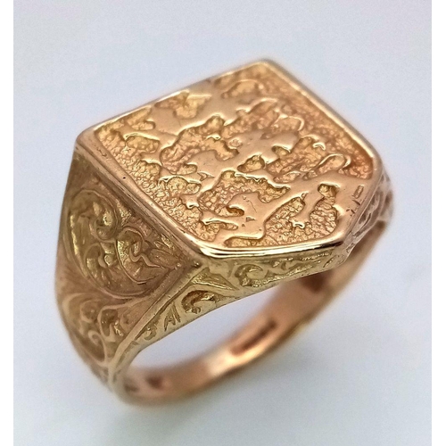 75 - A 9K YELLOW GOLD ENGLAND 3 LIONS SHIELD RING - 5.3G. SIZE P. REF: 4057