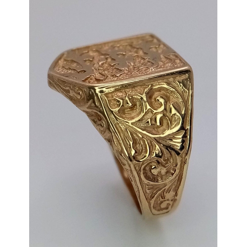 75 - A 9K YELLOW GOLD ENGLAND 3 LIONS SHIELD RING - 5.3G. SIZE P. REF: 4057