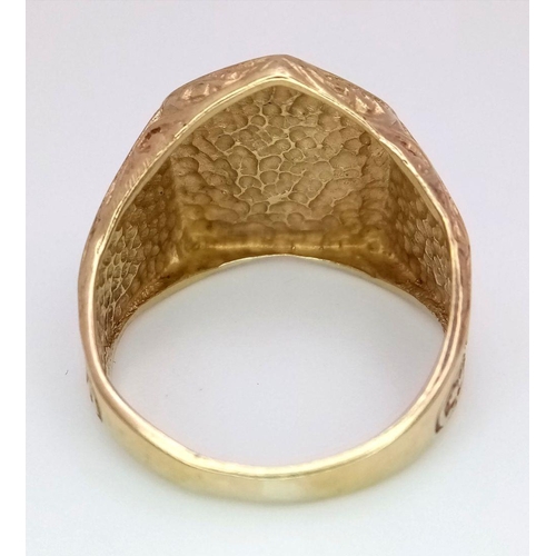 75 - A 9K YELLOW GOLD ENGLAND 3 LIONS SHIELD RING - 5.3G. SIZE P. REF: 4057