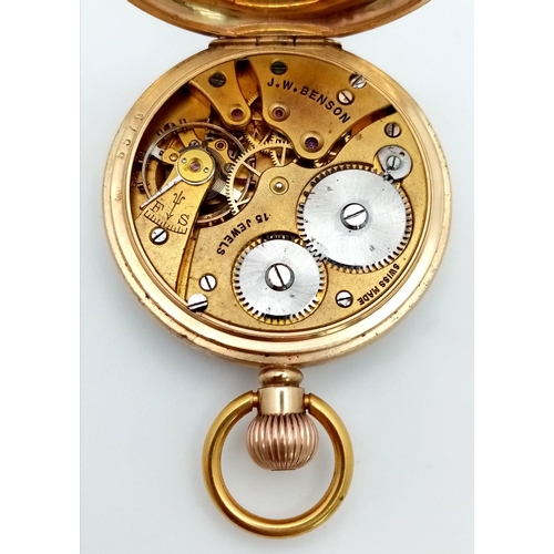 283 - An Antique 9K Gold JW Benson Pocket Watch. Top winder. White dial with sub dial. In working order bu... 