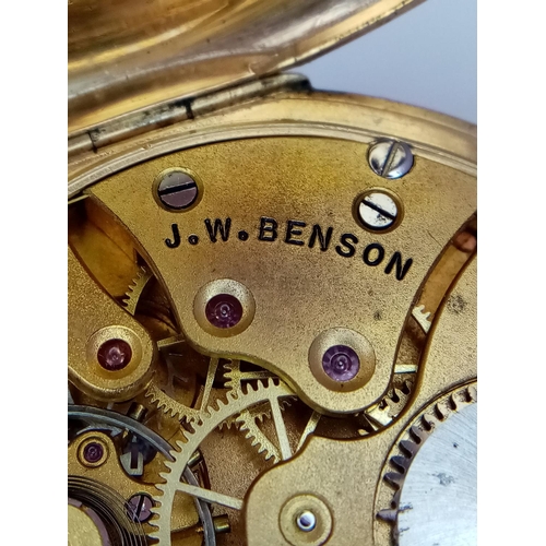 283 - An Antique 9K Gold JW Benson Pocket Watch. Top winder. White dial with sub dial. In working order bu... 