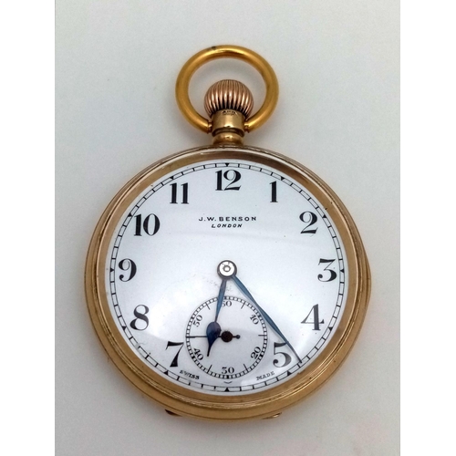 283 - An Antique 9K Gold JW Benson Pocket Watch. Top winder. White dial with sub dial. In working order bu... 