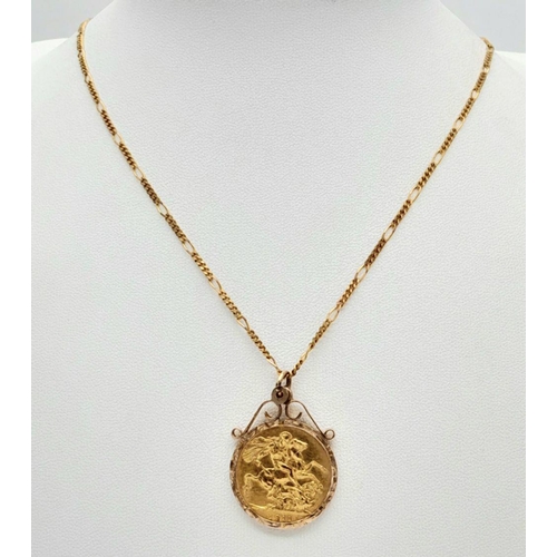 5 - A 22K GOLD FULL SOVEREIGN IN A 9K GOLD SETTING AND ON A 48cms 9K GOLD FIGARO LINK NECK CHAIN .  13.4... 