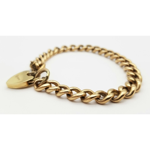 191 - A Vintage 9K Yellow Gold Curb Link Bracelet with Heart Clasp. Multiple hallmarks. 18cm. 24.6g