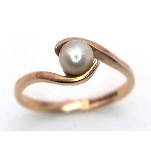 329 - Pretty 9 carat GOLD RING in Crossover style with PEARL Mounted to top.  Full UK hallmark . Complete ... 