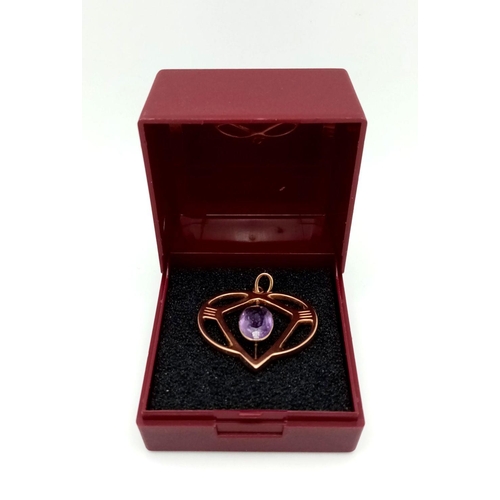 118 - 9 carat ROSE GOLD PENDANT in Mackintosh Art Deco style.Having oval AMETHYST to centre. 1.7 grams. 3 ... 